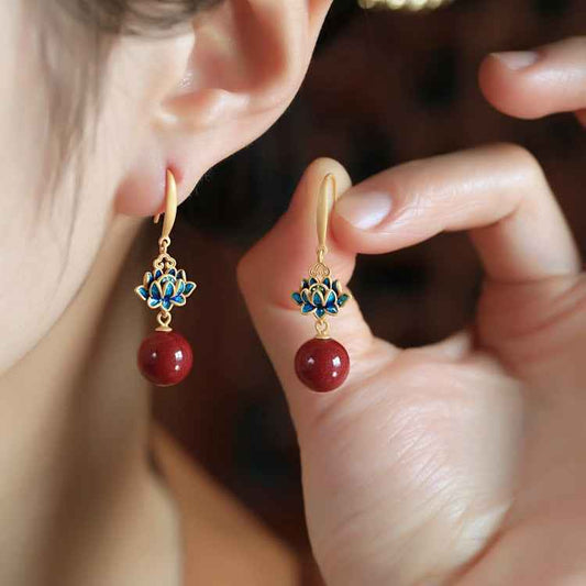 Vermillion Lotus Earrings Red Vintage Blue Enamel Earrings - Lunaria