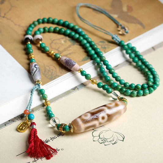 Hand-woven Turquoise Beads Rope Necklace Dzi Tibetan Necklace - Lunaria