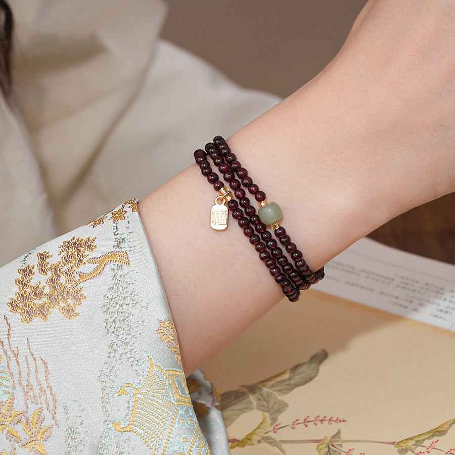 Natural Red Pomegranate Crystal Chinese bracelet Hetian jade lucky bracelet multi-circle - Lunaria