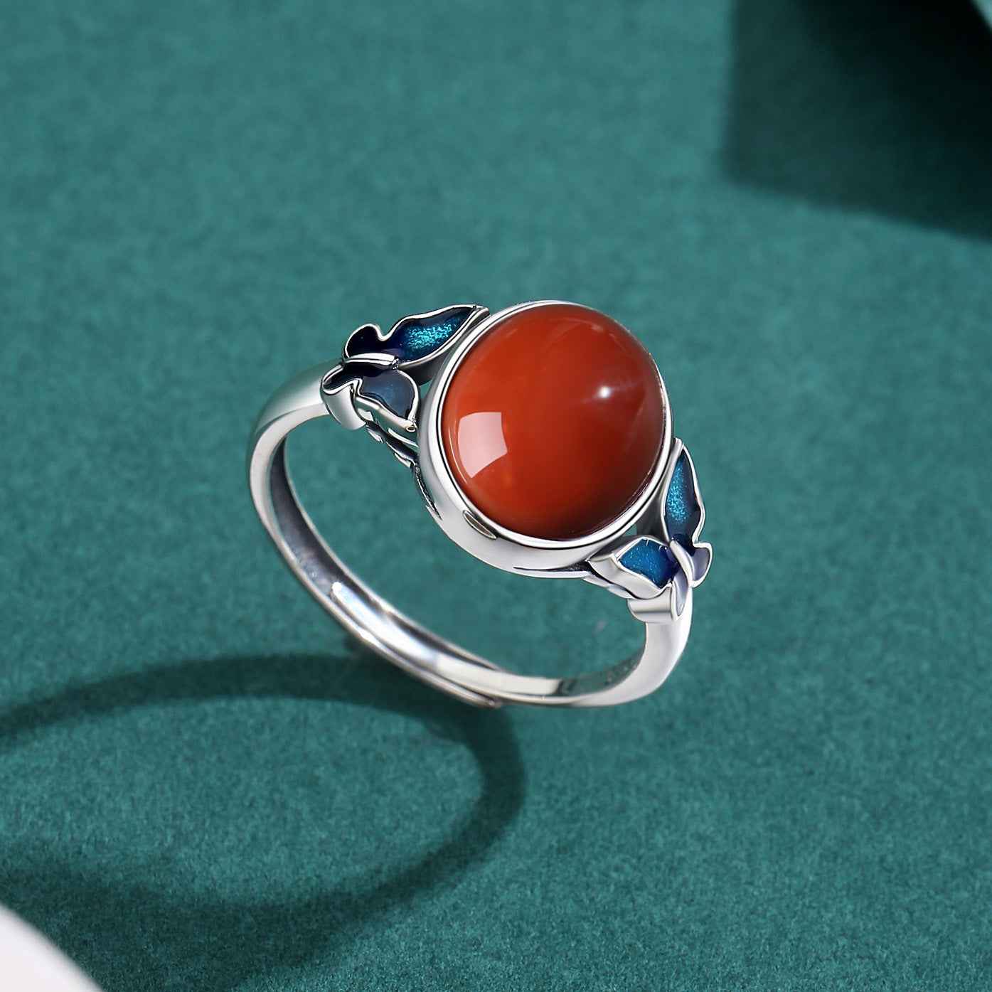 S925 Silver Enamel South Red Agate Vintage Butterfly Blue Open Ring - Lunaria