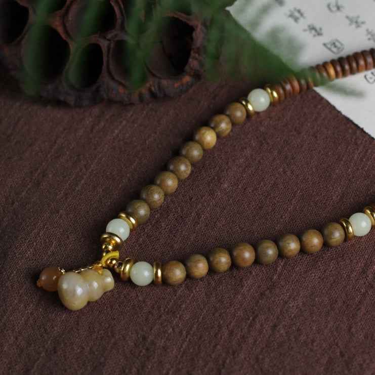 Green Sandalwood Beads DIY Gold Jade Gourd Bracelet Retro Buddhist Stone - Lunaria
