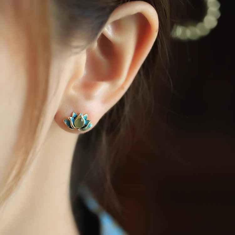 Lotus Hetian Jade Earrings Enamel Exquisite Earrings - Lunaria