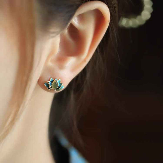 Lotus Hetian Jade Earrings Enamel Exquisite Earrings - Lunaria