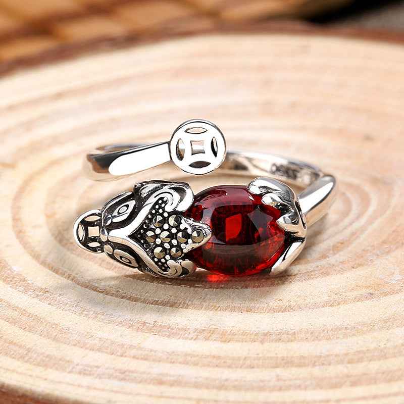 Lucky Copper Coin Garnet Pixiu Ring Silver Blessing Ring Opening Adjustable - Lunaria