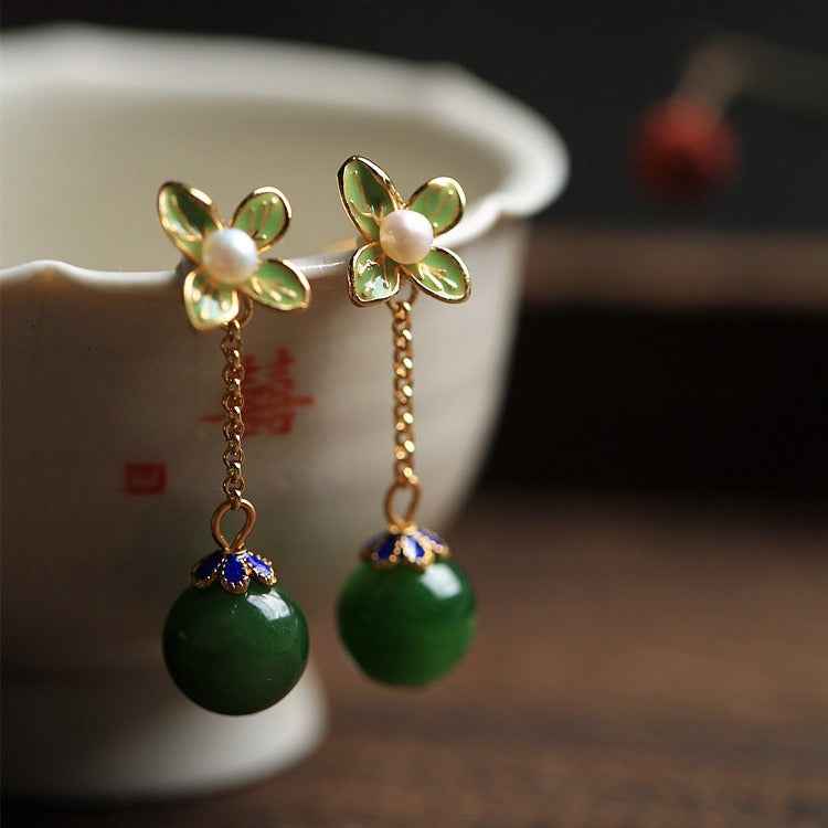 Natural Jasper Enamel Four-Leaf Clover Flower Sterling Silver Earrings Summer Earrings - Lunaria
