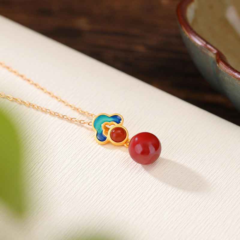 Vintage Auspicious Cloud Necklace Cinnabar Pendant Clavicle Chain - Lunaria