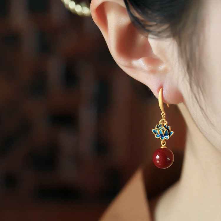 Vermillion Lotus Earrings Red Vintage Blue Enamel Earrings - Lunaria