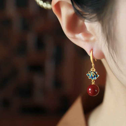 Vermillion Lotus Earrings Red Vintage Blue Enamel Earrings - Lunaria