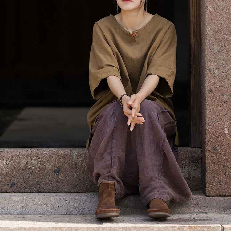 Causal Half Sleeve Ramie Linen Cotton T-shirt Tee Women Top