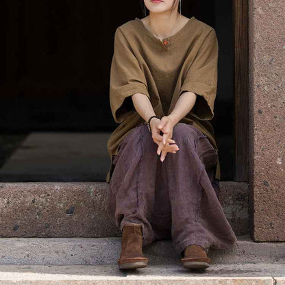 Causal Half Sleeve Ramie Linen Cotton T-shirt Tee Women Top
