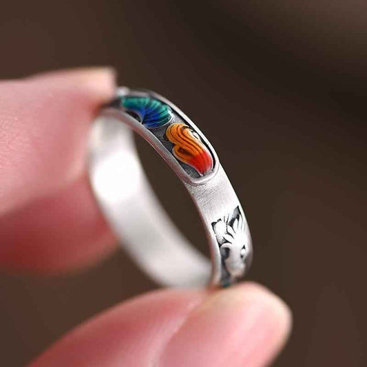 Enamel Colored Nine-tailed Fox ring Retro Ethnic Style Blessing ring Adjustable Opening - Lunaria
