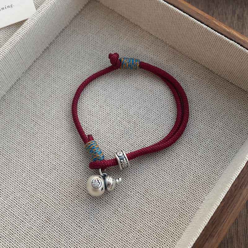 S999 Sterling Silver Gourd Red Rope Bracelet Hand-woven Retro Bracelet - Lunaria