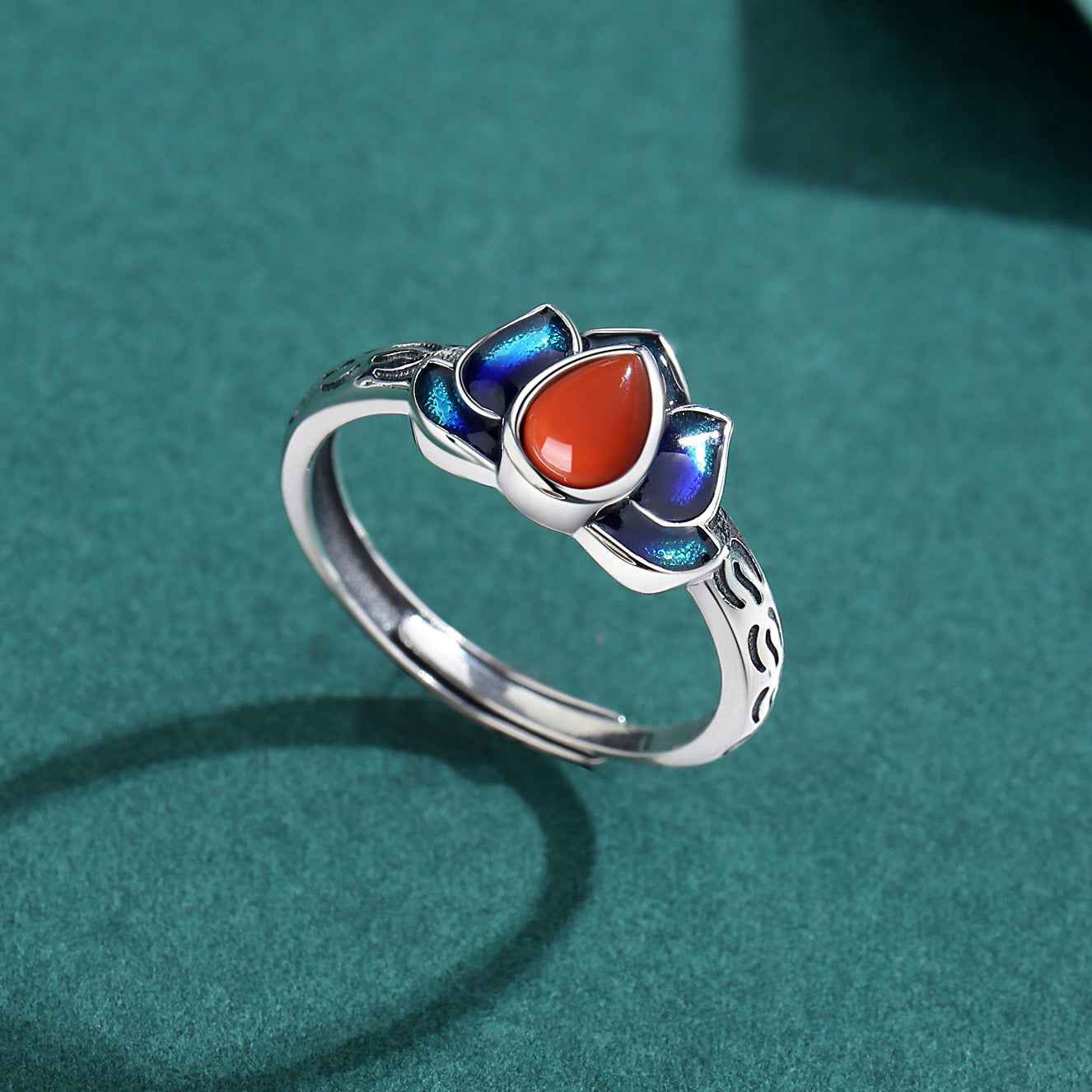 Tibetan Cloisonne Lotus Ring Chinese Style S925 Silver Retro Ring - Lunaria