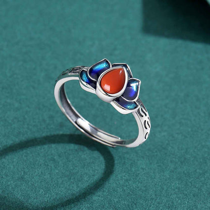 Tibetan Cloisonne Lotus Ring Chinese Style S925 Silver Retro Ring - Lunaria