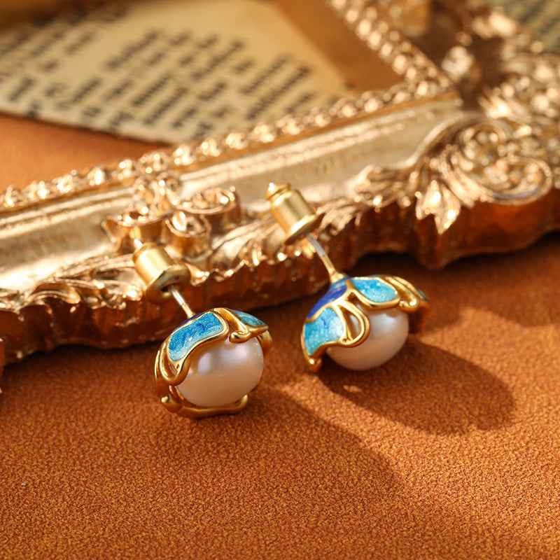 925 Silver Needle Natural Freshwater Pearl Earrings Vintage Enamel Earrings - Lunaria