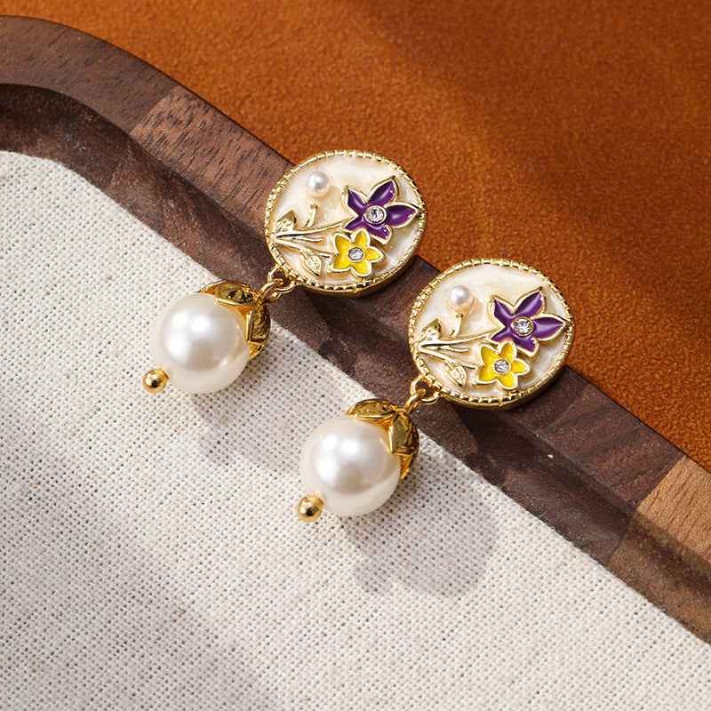 French Fresh Color Oil Drop Flower Pearl Earrings Retro Earrings - Lunaria