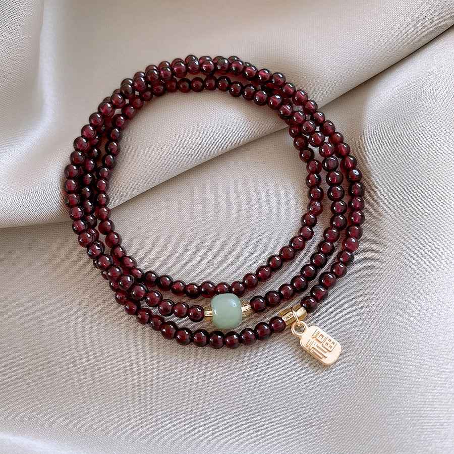 Natural Red Pomegranate Crystal Chinese bracelet Hetian jade lucky bracelet multi-circle - Lunaria
