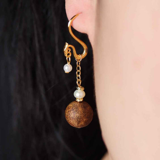 Agarwood Vintage Handmade Long Earrings Pearl Simple Health Earrings - Lunaria