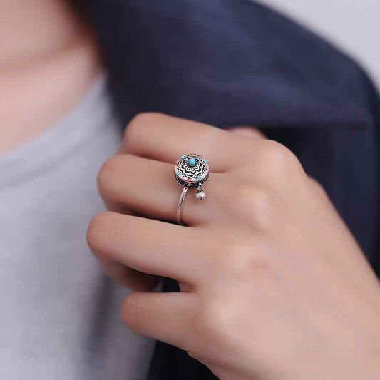 Tibetan Om Mani Padme Hum Enamel Lotus Prayer Rotatable Ring Opening Adjustable - Lunaria