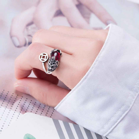 Lucky Copper Coin Garnet Pixiu Ring Silver Blessing Ring Opening Adjustable - Lunaria