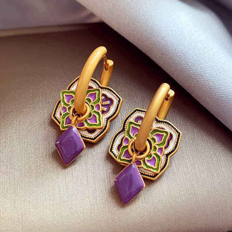 Chinese Style Modern Retro Colored Enamel Flower Ear Clip Earrings - Lunaria