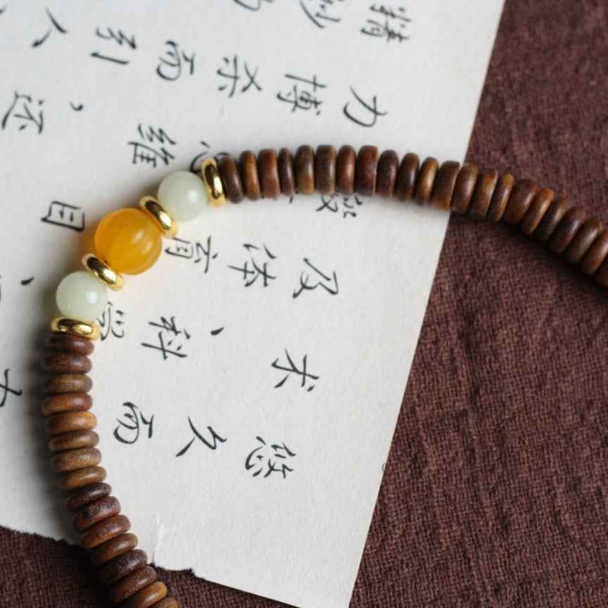 Green Sandalwood Beads DIY Gold Jade Gourd Bracelet Retro Buddhist Stone - Lunaria