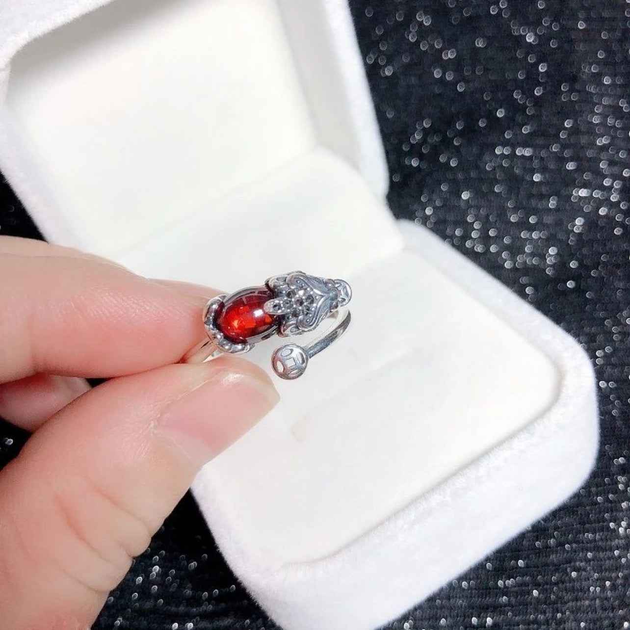 Lucky Copper Coin Garnet Pixiu Ring Silver Blessing Ring Opening Adjustable - Lunaria