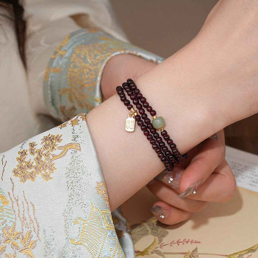 Natural Red Pomegranate Crystal Chinese bracelet Hetian jade lucky bracelet multi-circle - Lunaria