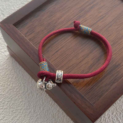 S999 Sterling Silver Gourd Red Rope Bracelet Hand-woven Retro Bracelet - Lunaria