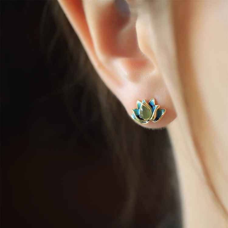 Lotus Hetian Jade Earrings Enamel Exquisite Earrings - Lunaria