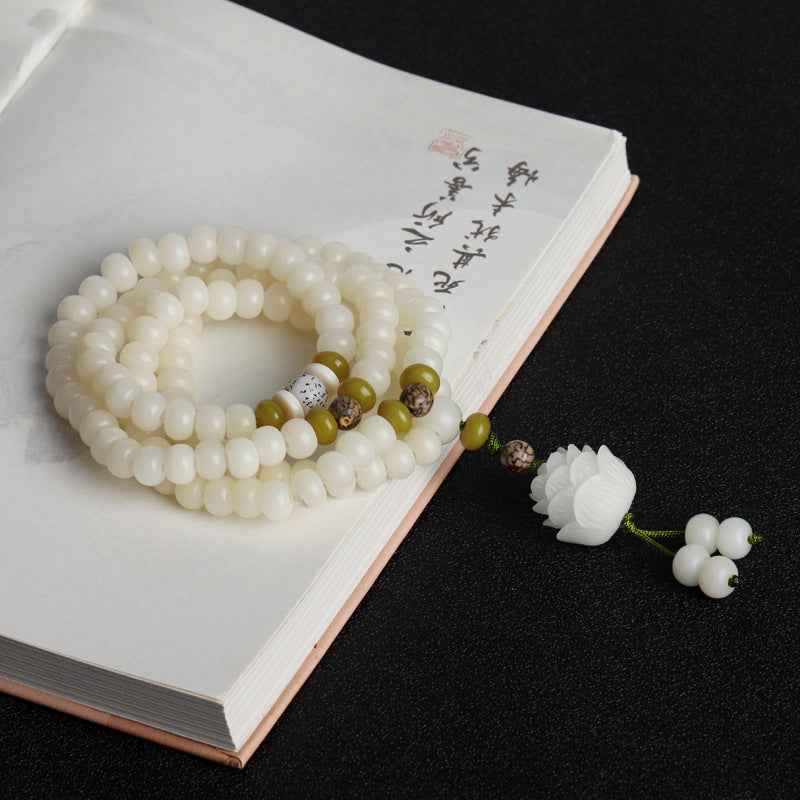 White Jade Bodhi Lotus Mala Harmony Necklace Bracelet - Lunaria
