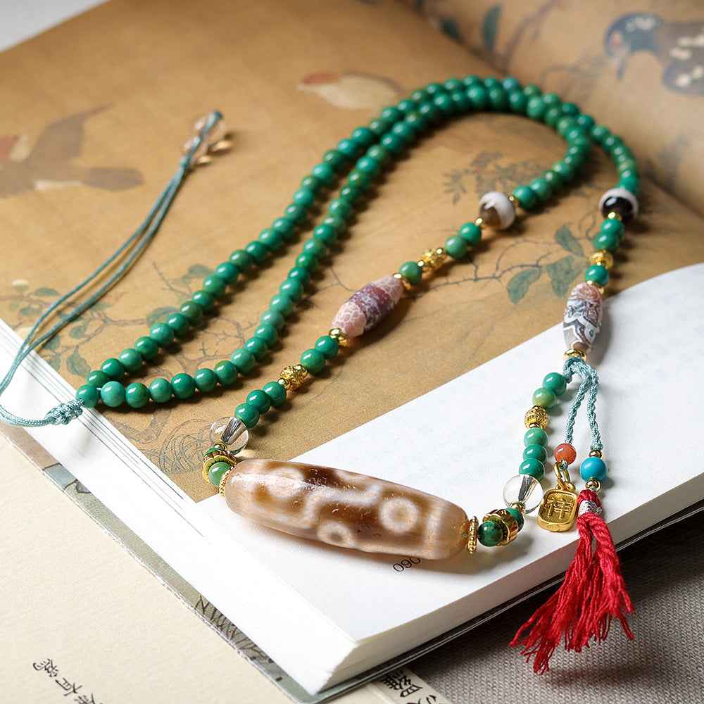 Hand-woven Turquoise Beads Rope Necklace Dzi Tibetan Necklace - Lunaria