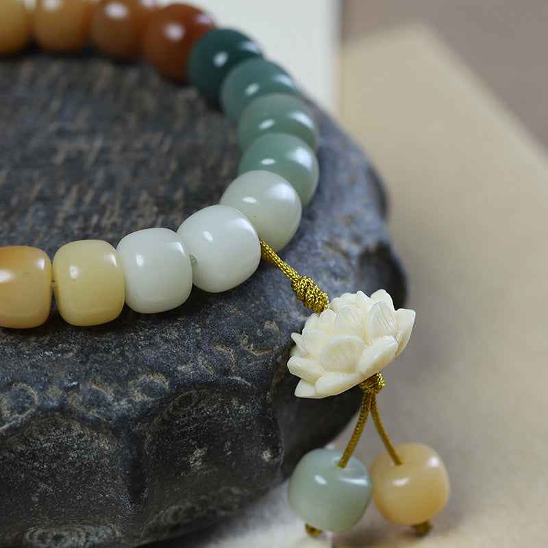 White Jade Bodhi Multi-treasure Bracelet Lotus Pendant Play Bracelet Buddhist Beads - Lunaria