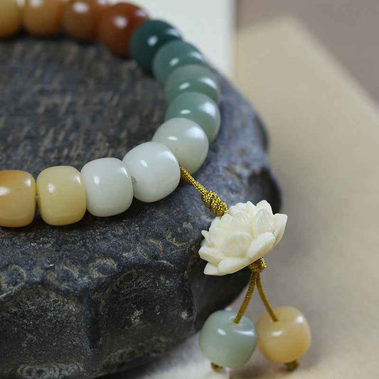 White Jade Bodhi Multi-treasure Bracelet Lotus Pendant Play Bracelet Buddhist Beads - Lunaria