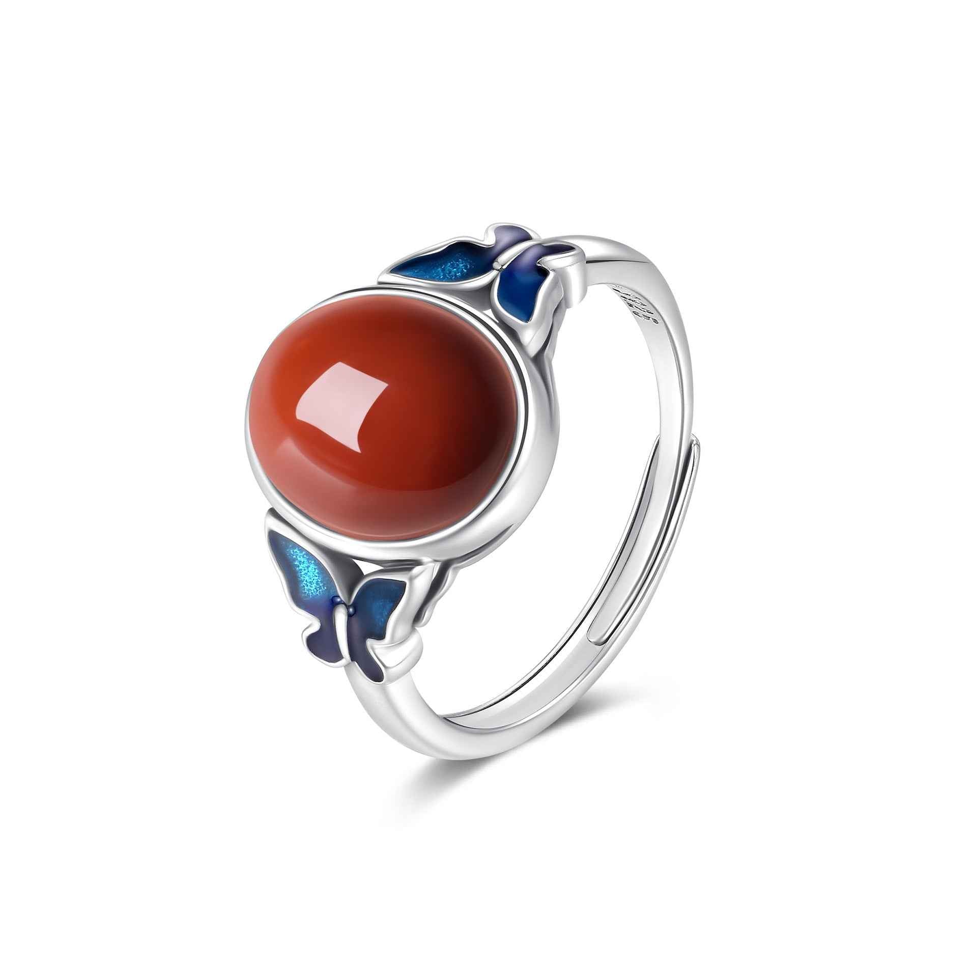 S925 Silver Enamel South Red Agate Vintage Butterfly Blue Open Ring - Lunaria
