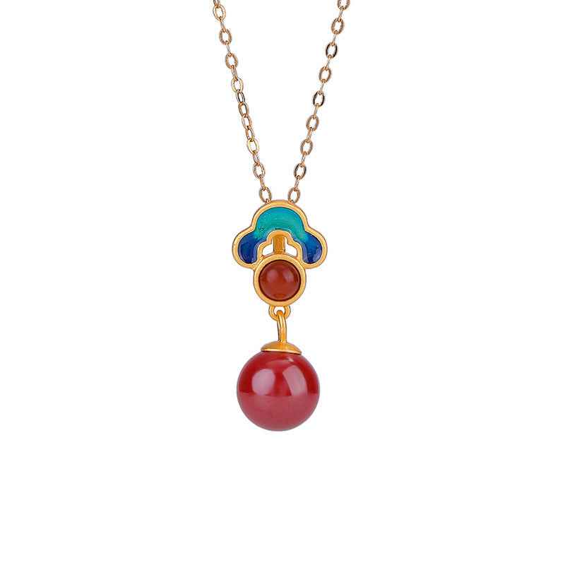 Vintage Auspicious Cloud Necklace Cinnabar Pendant Clavicle Chain - Lunaria