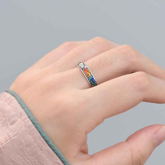 Enamel Colored Nine-tailed Fox ring Retro Ethnic Style Blessing ring Adjustable Opening - Lunaria