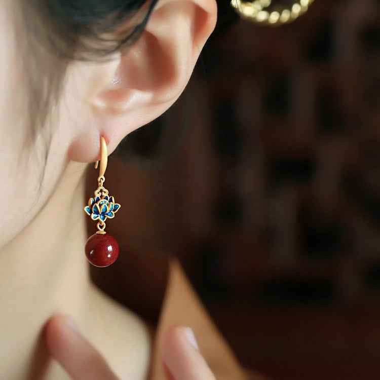 Vermillion Lotus Earrings Red Vintage Blue Enamel Earrings - Lunaria