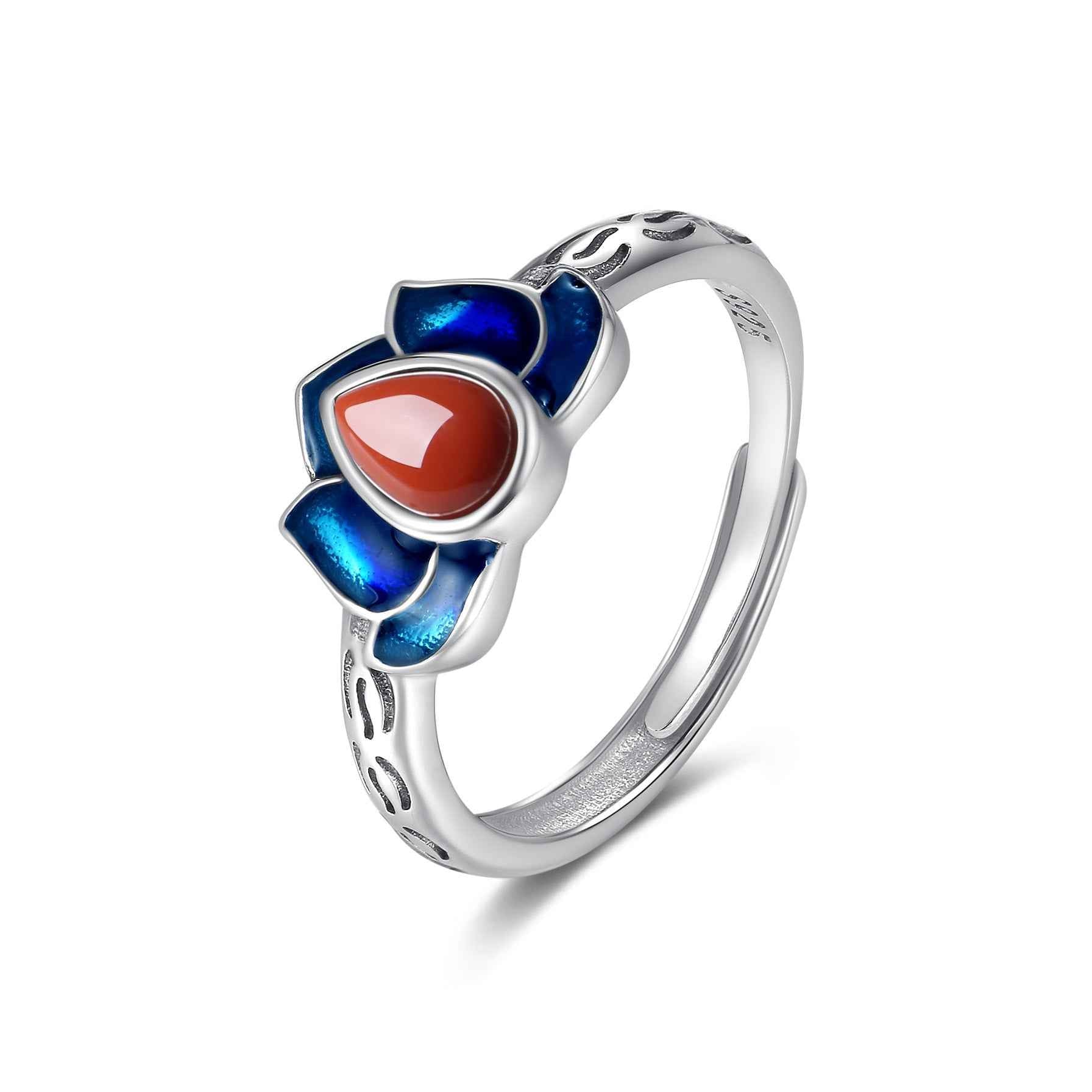 Tibetan Cloisonne Lotus Ring Chinese Style S925 Silver Retro Ring - Lunaria