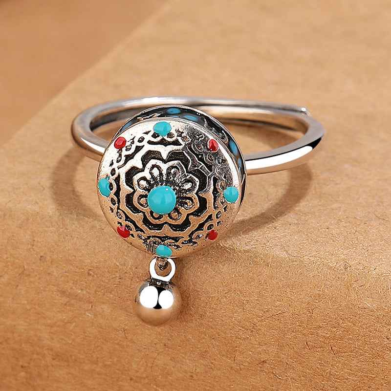 Tibetan Om Mani Padme Hum Enamel Lotus Prayer Rotatable Ring Opening Adjustable - Lunaria