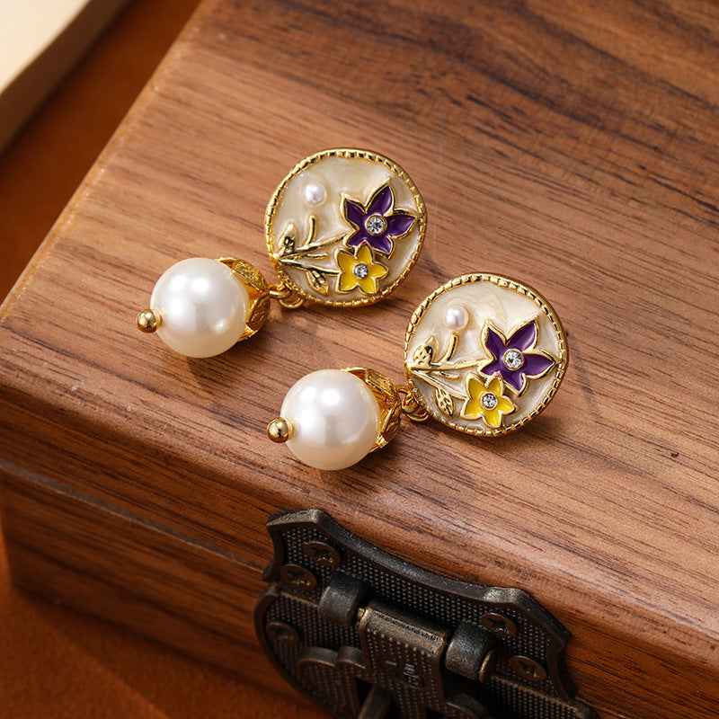 French Fresh Color Oil Drop Flower Pearl Earrings Retro Earrings - Lunaria