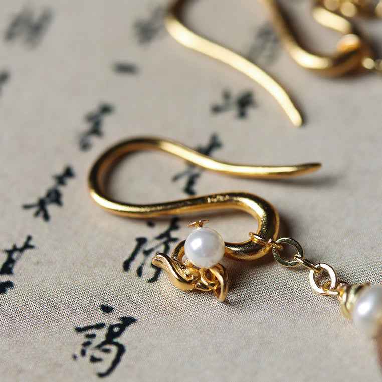 Agarwood Vintage Handmade Long Earrings Pearl Simple Health Earrings - Lunaria