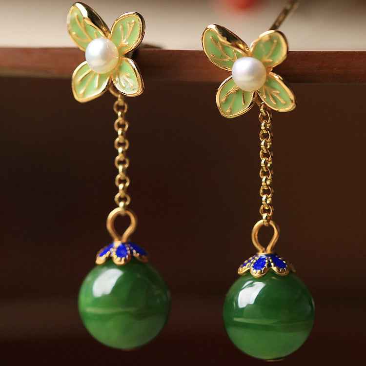 Natural Jasper Enamel Four-Leaf Clover Flower Sterling Silver Earrings Summer Earrings - Lunaria