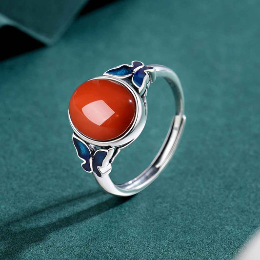 S925 Silver Enamel South Red Agate Vintage Butterfly Blue Open Ring - Lunaria