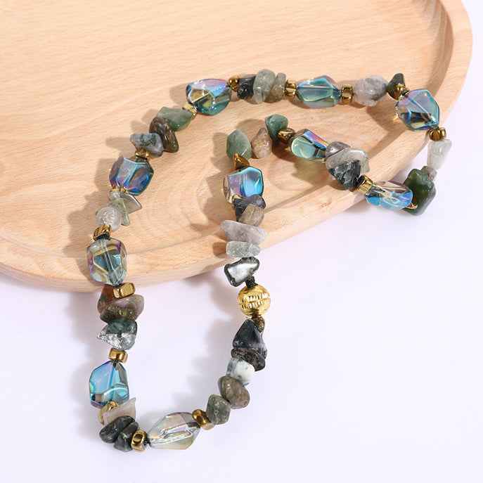 Vintage Natural Stone Agate Crystal Beaded Necklace Clavicle Chain - Lunaria