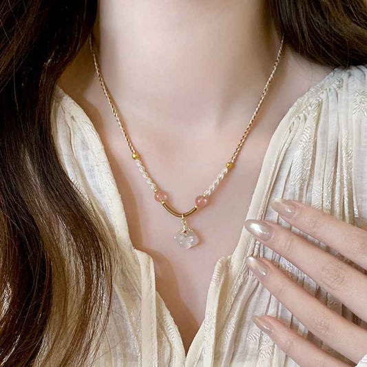 Natural Jade Peace Lock Pendant Necklace Hand-woven Clavicle Chain - Lunaria