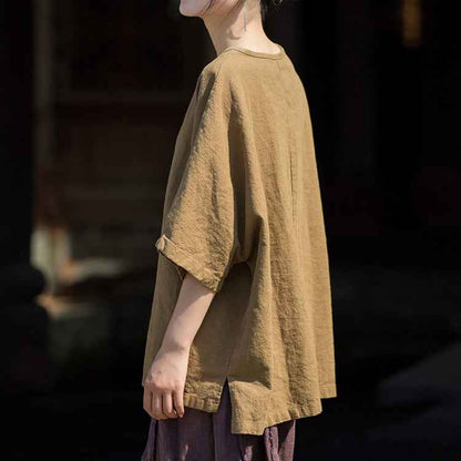 Causal Half Sleeve Ramie Linen Cotton T-shirt Tee Women Top