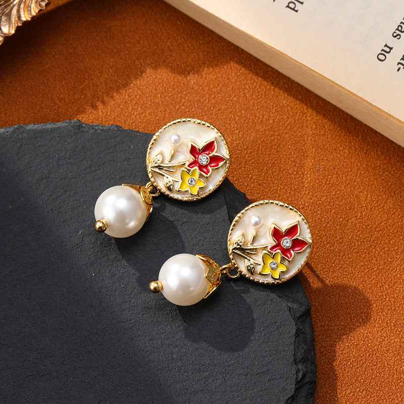 French Fresh Color Oil Drop Flower Pearl Earrings Retro Earrings - Lunaria