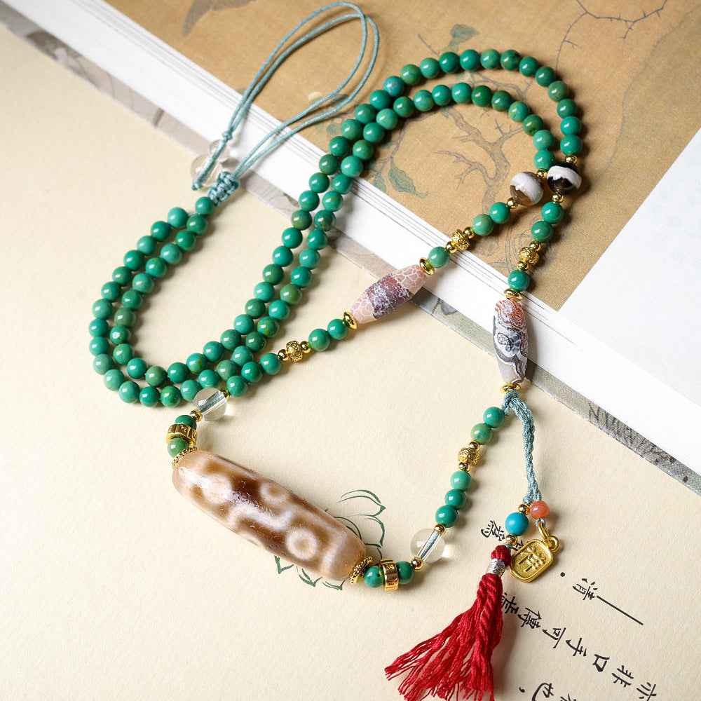 Hand-woven Turquoise Beads Rope Necklace Dzi Tibetan Necklace - Lunaria