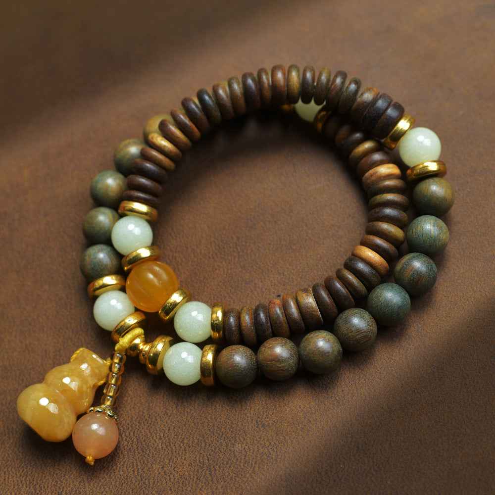 Green Sandalwood Beads DIY Gold Jade Gourd Bracelet Retro Buddhist Stone - Lunaria